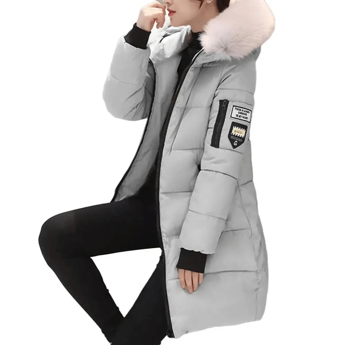 Women's Jacket Hooded Mid-Length Windproof Quilted Puffer Coat - Grey
