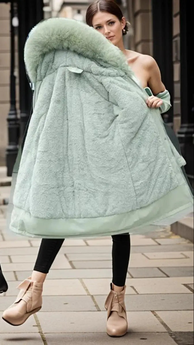 Women's Jacket Waterproof Hooded Faux Fur Trim Insulated Winter Parka - Green