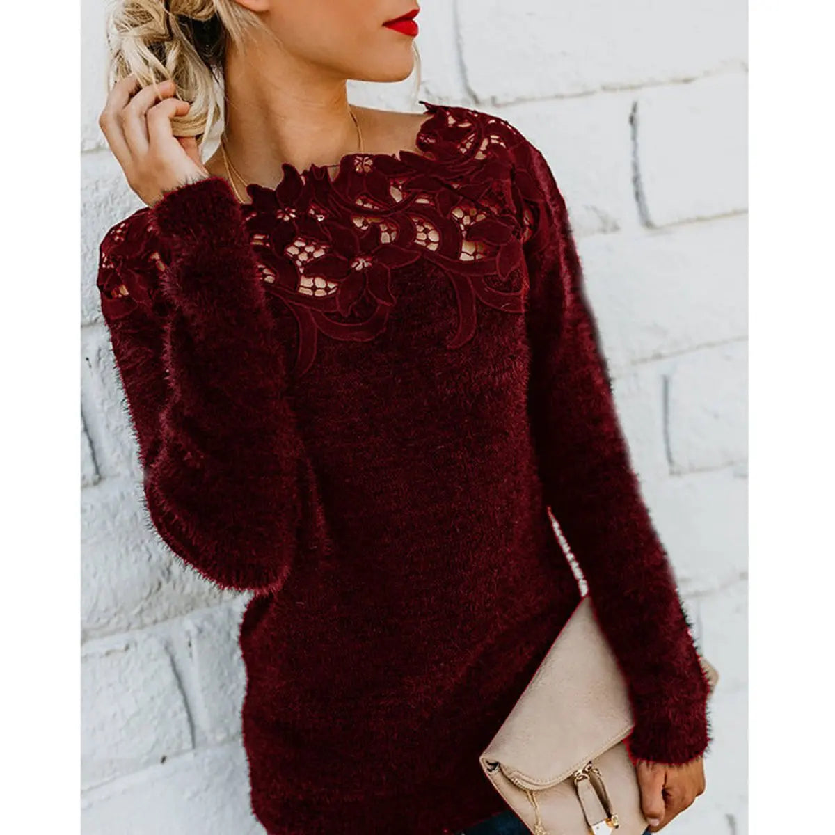 Womens Jumper Fluffy Lace Floral Neckline Long Sleeve Knit Top - Red Wine