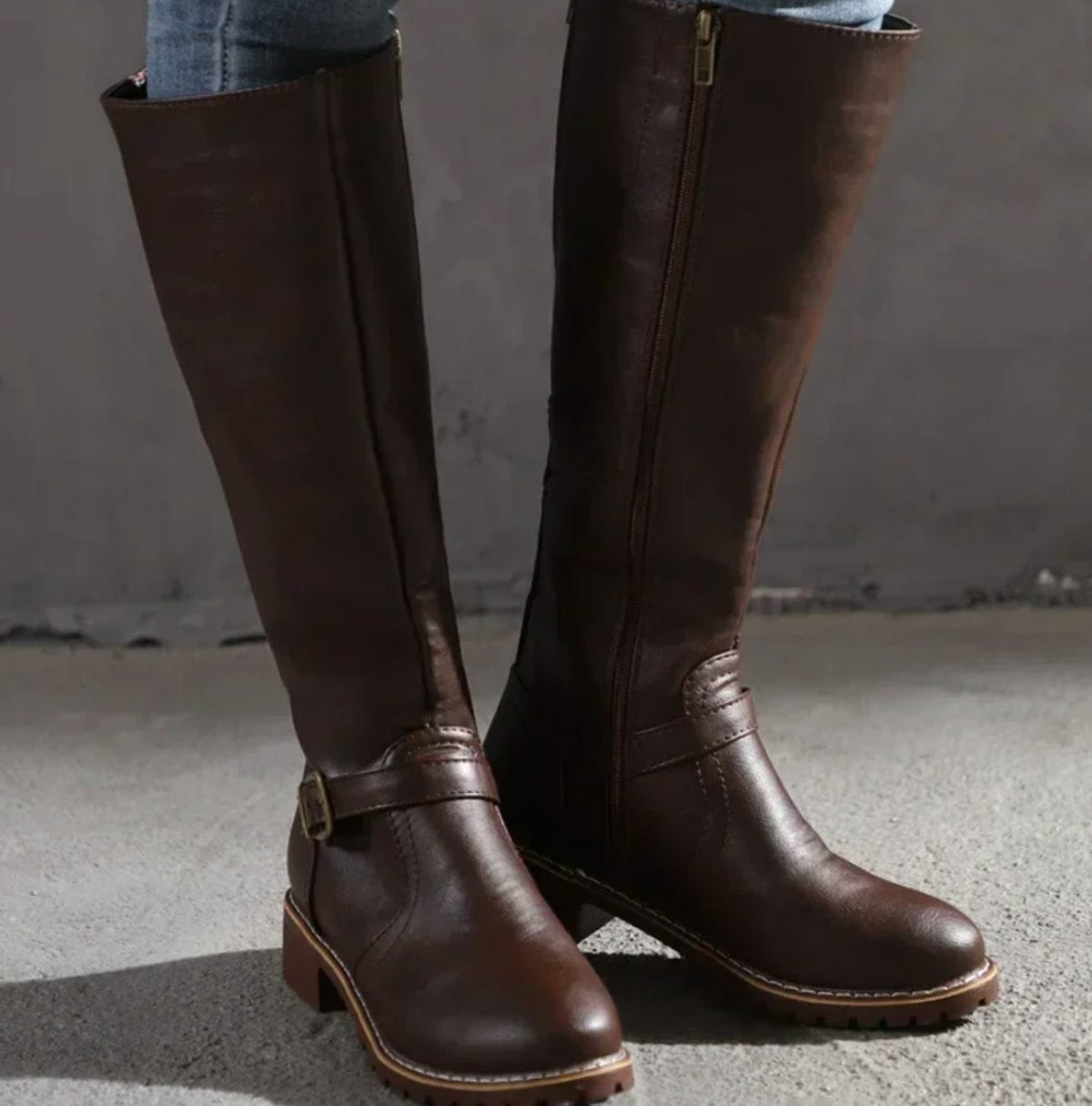 Women's Knee-High Block-Heel Buckle Riding Boots - Dark Brown