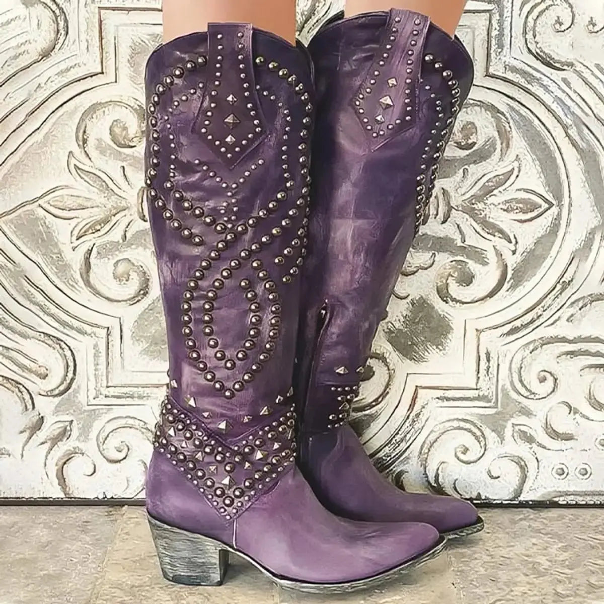 Women's Knee High Boots Studded Block Heel Western Style - Purple