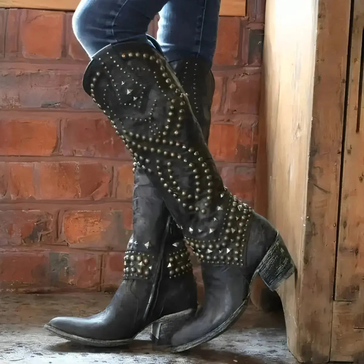 Women's Knee High Boots Studded Block Heel Western Style - Black