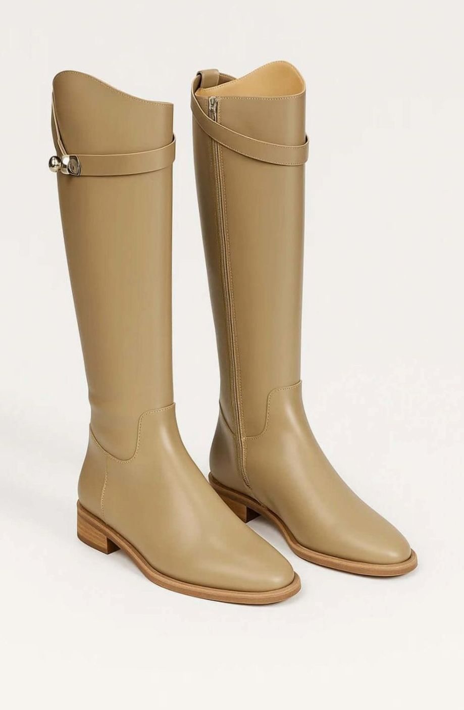 Women's Knee-High Leather Buckle-Detail Riding Boots - Beige