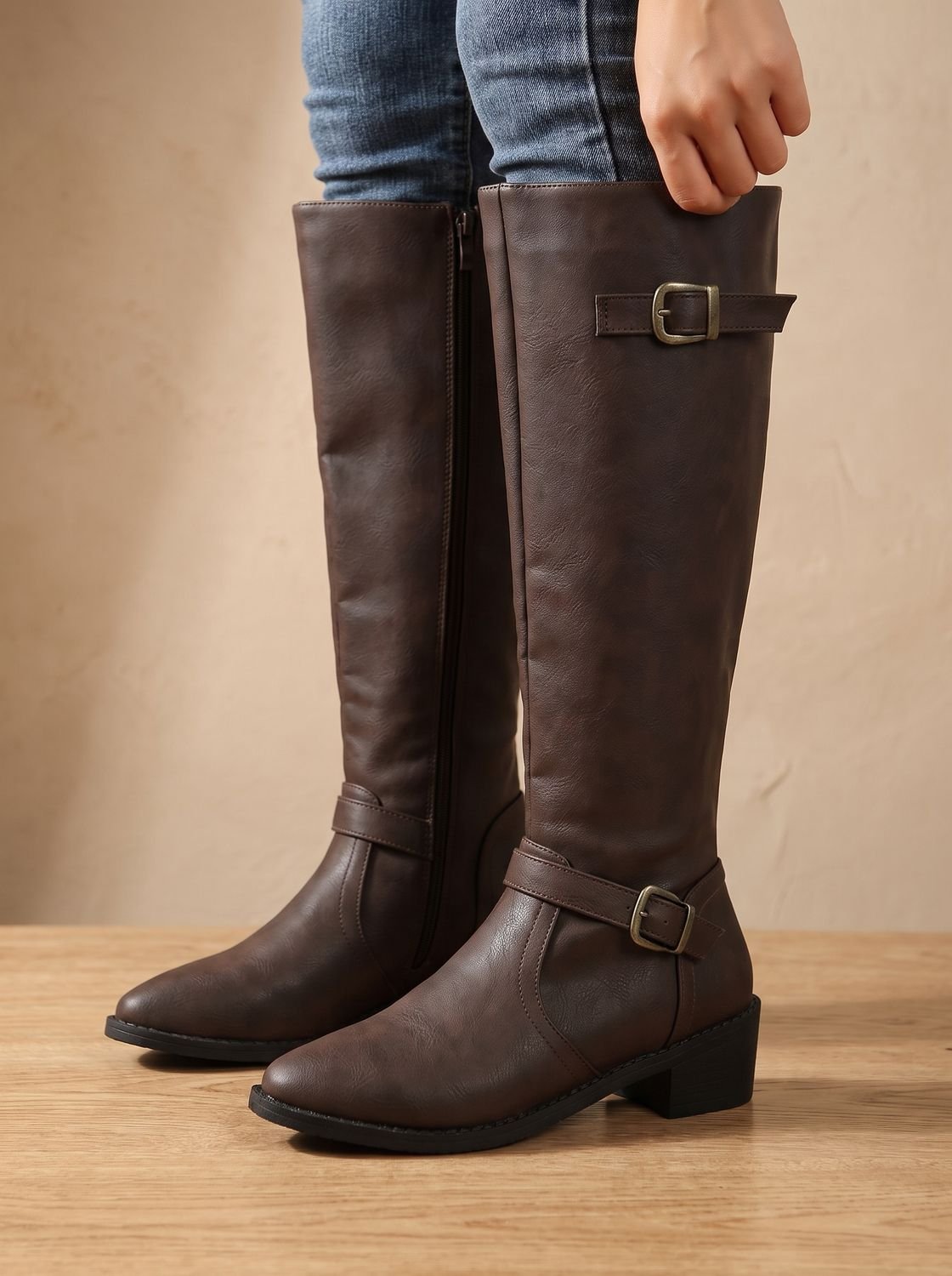 Women's Knee-High Riding Boots Block Heel Buckle Side Zip