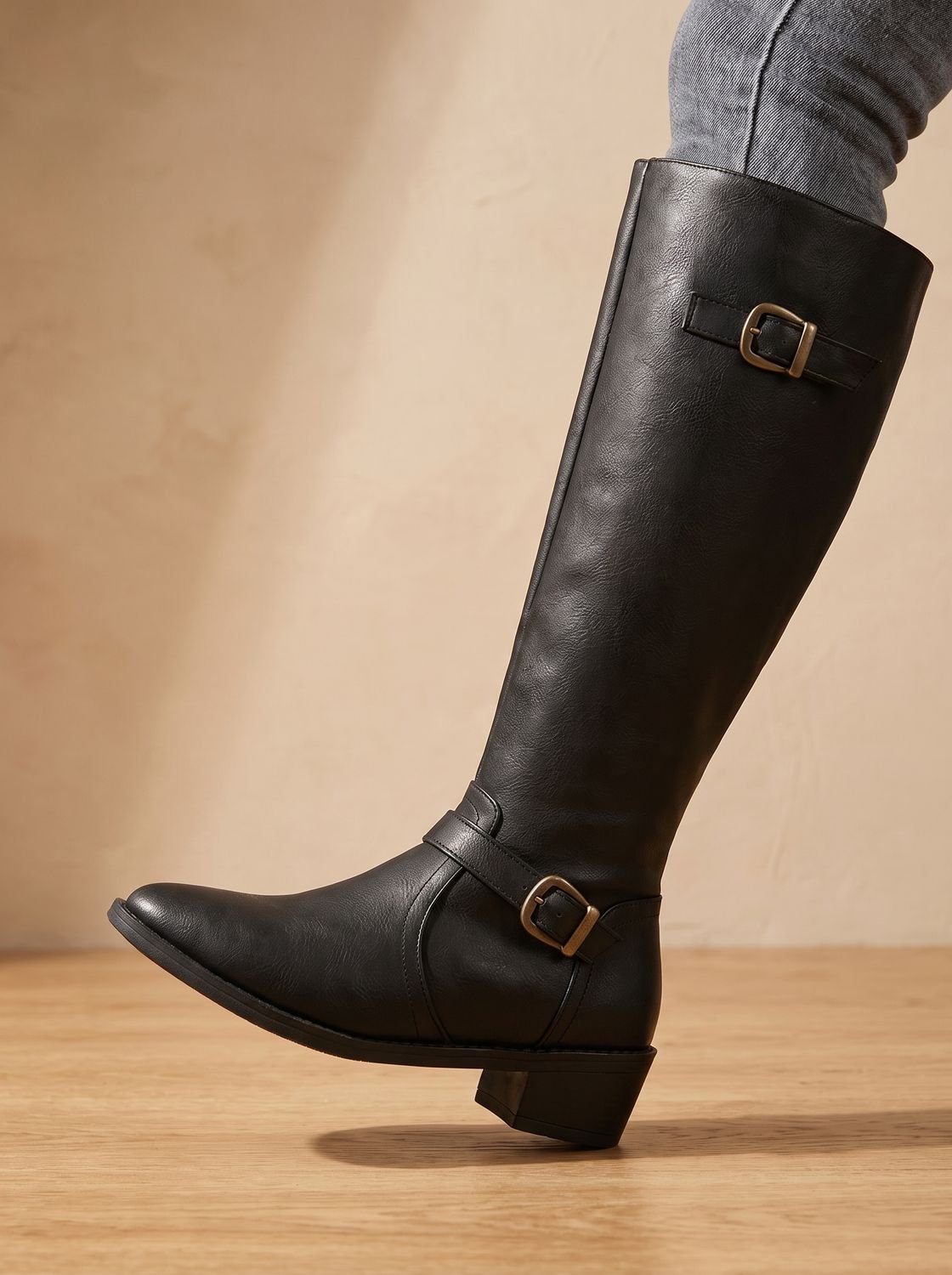 Women's Knee-High Riding Boots Block Heel Buckle Side Zip