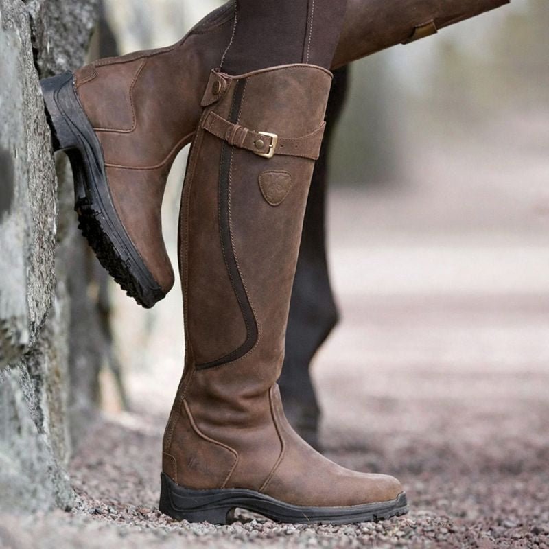 Women's Knee High Waterproof Boots Brown Leather Side Zip - Dark Brown