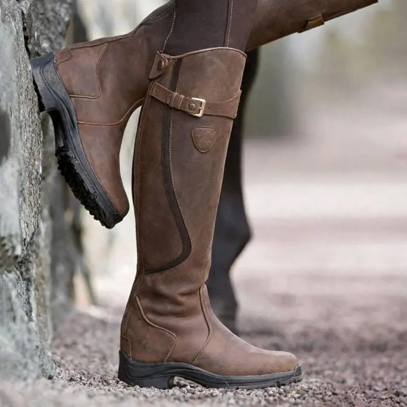 Women's Knee High Waterproof Boots Brown Leather Side Zip - Dark Brown