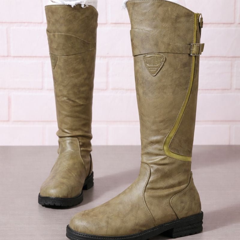 Women's Knee High Waterproof Boots Brown Leather Side Zip - Green