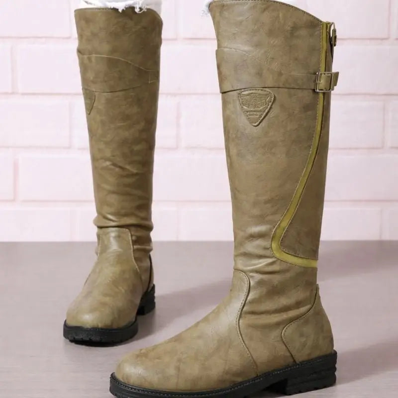 Women's Knee High Waterproof Boots Brown Leather Side Zip - Green