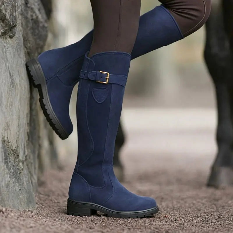 Women's Knee High Waterproof Boots Brown Leather Side Zip - Navy Blue