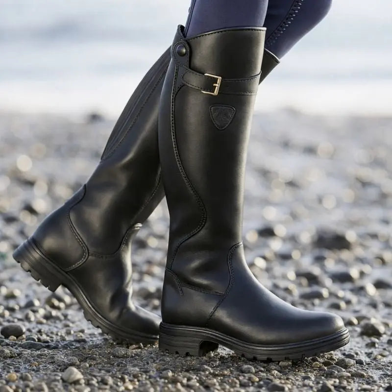 Women's Knee High Waterproof Boots Brown Leather Side Zip - Black