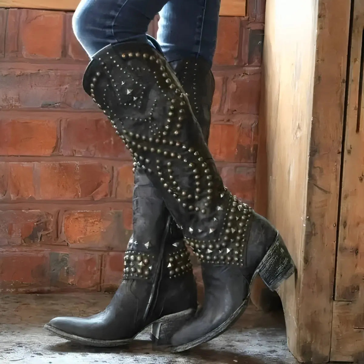 Women's Knee High Western Boots Studded Block Heel - Black