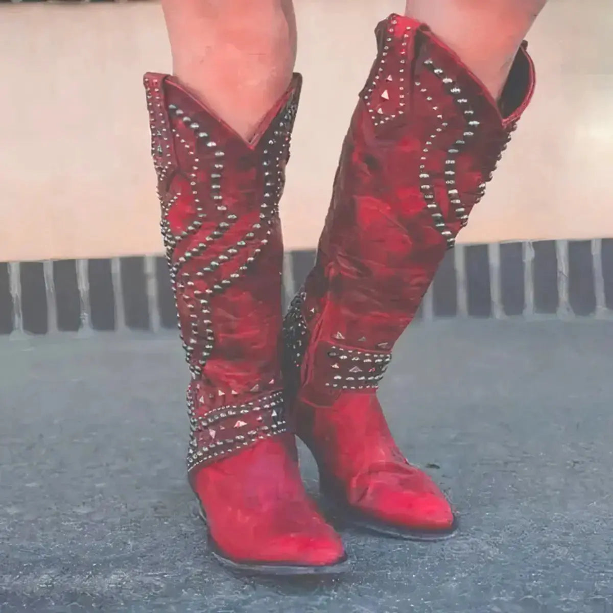 Women's Knee High Western Boots Studded Block Heel - Red