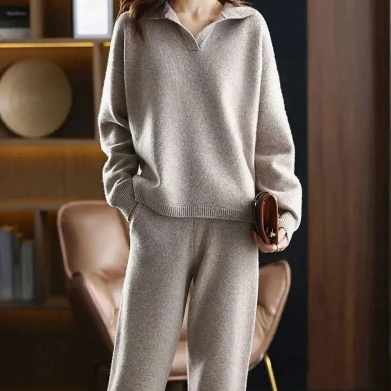 Women's Knit Two-Piece Lounge Outfit Set Relaxed Fit Jumper Trousers - Khaki