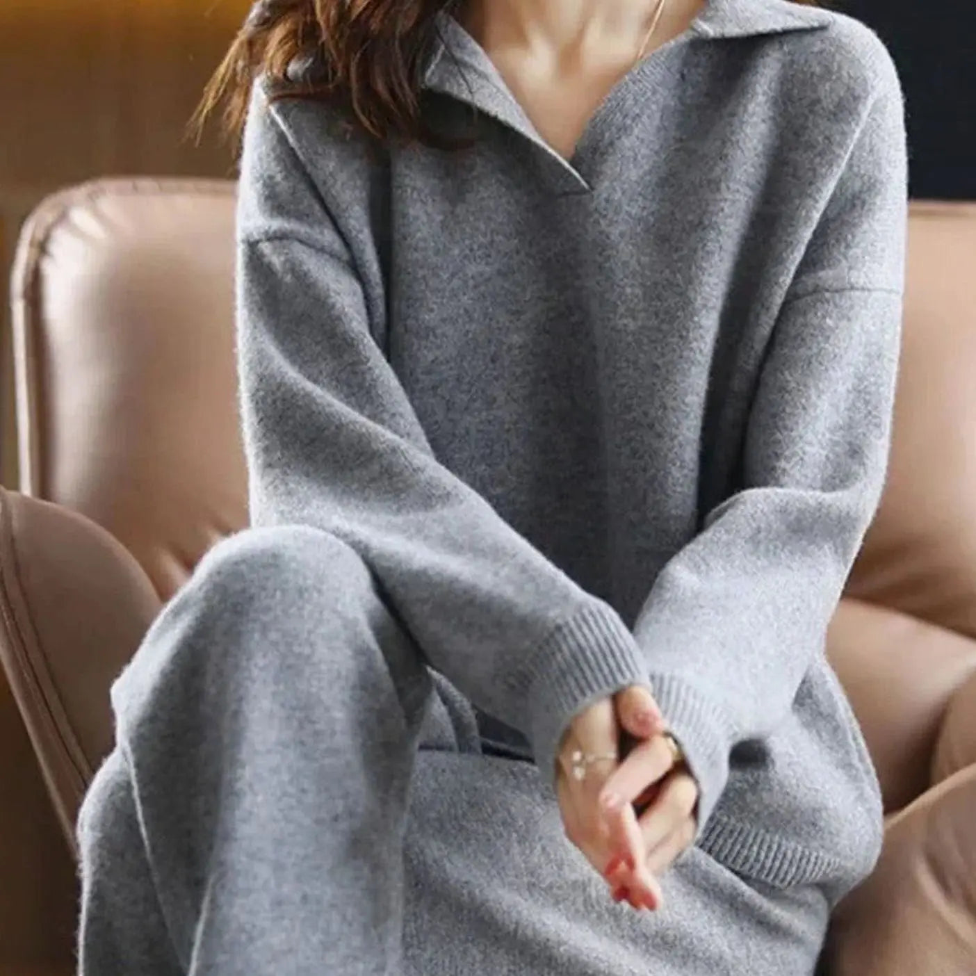 Women's Knit Two-Piece Lounge Outfit Set Relaxed Fit Jumper Trousers - Grey