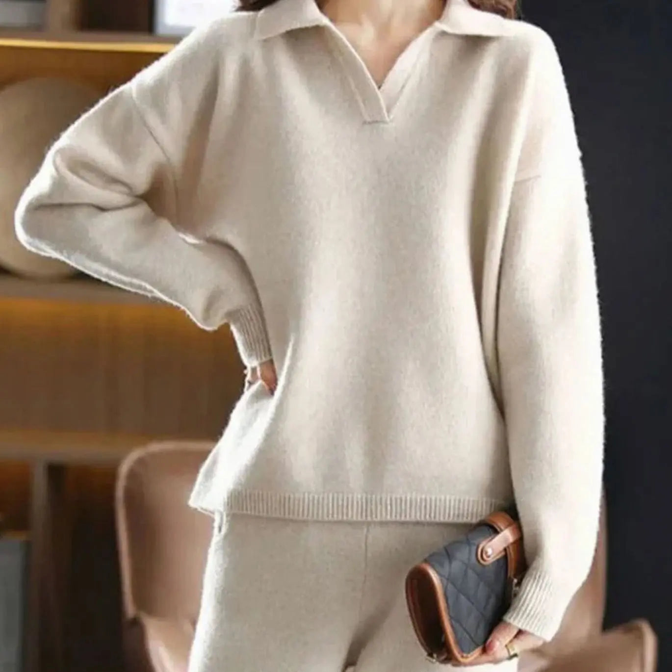 Women's Knit Two-Piece Lounge Outfit Set Relaxed Fit Jumper Trousers - Beige