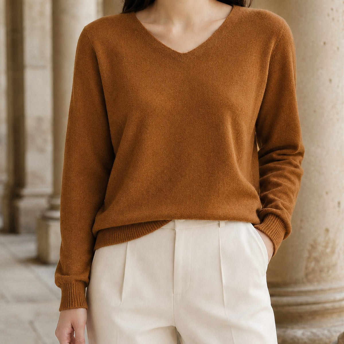 Women's Knitwear Fine Wool V-Neck Relaxed Pullover Jumper - Caramel Brown