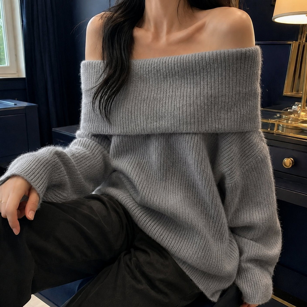 Women's Knitwear Off-Shoulder Foldover Oversized Pullover Jumper - Gray