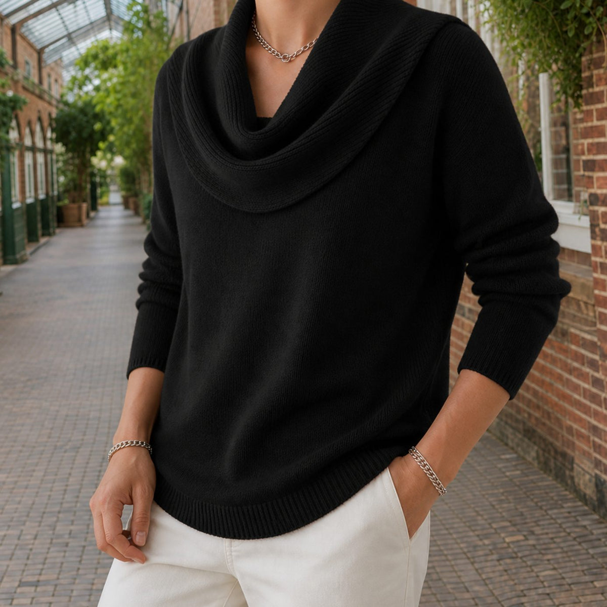 Women's Knitwear Relaxed Cowl Neck Dropped-Shoulder Jumper - Black