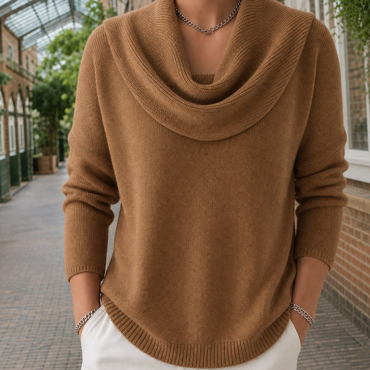 Women's Knitwear Relaxed Cowl Neck Dropped-Shoulder Jumper - Brown