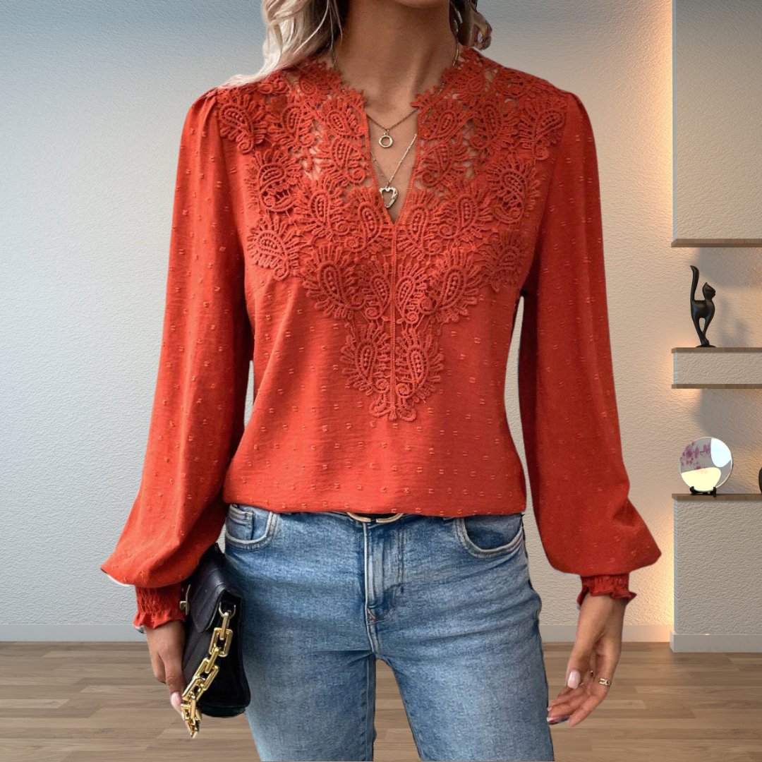 Women's Lace Detail Blouse Long Sleeve V-Neck - Terracotta
