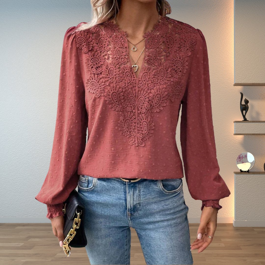 Women's Lace Detail Blouse Long Sleeve V-Neck - Dusty Pink
