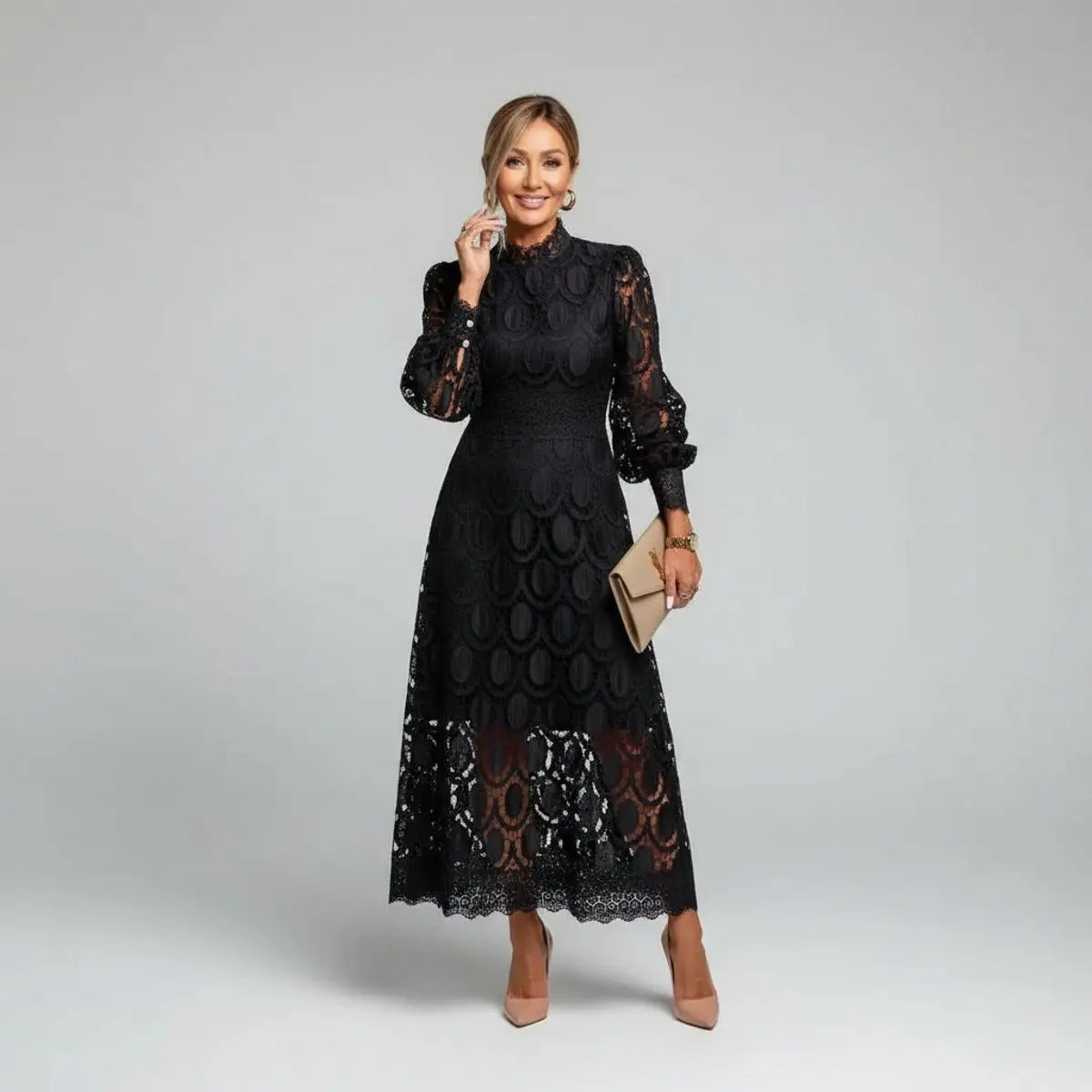 Women's Lace Midi Long Sleeve Dress High Mock Neck A-Line - Black