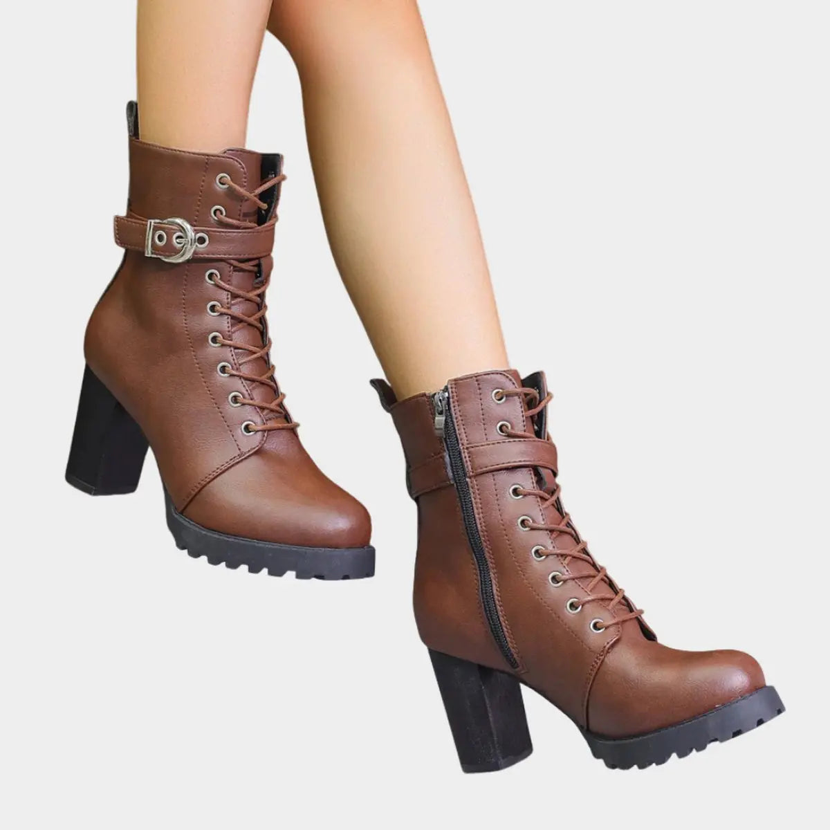 Women's Lace-Up Block Heel Buckle Strap Ankle Boots