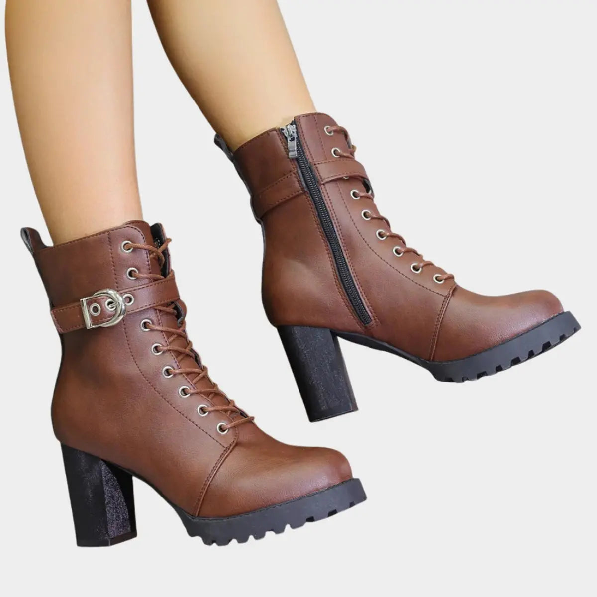 Women's Lace-Up Block Heel Buckle Strap Ankle Boots