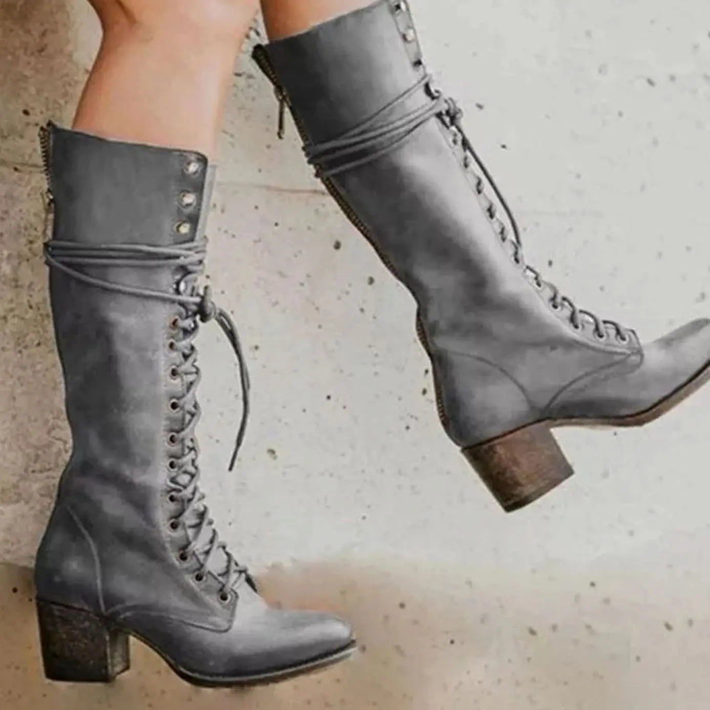 Women's Lace-Up Block Heel Knee-High Boots - Grey