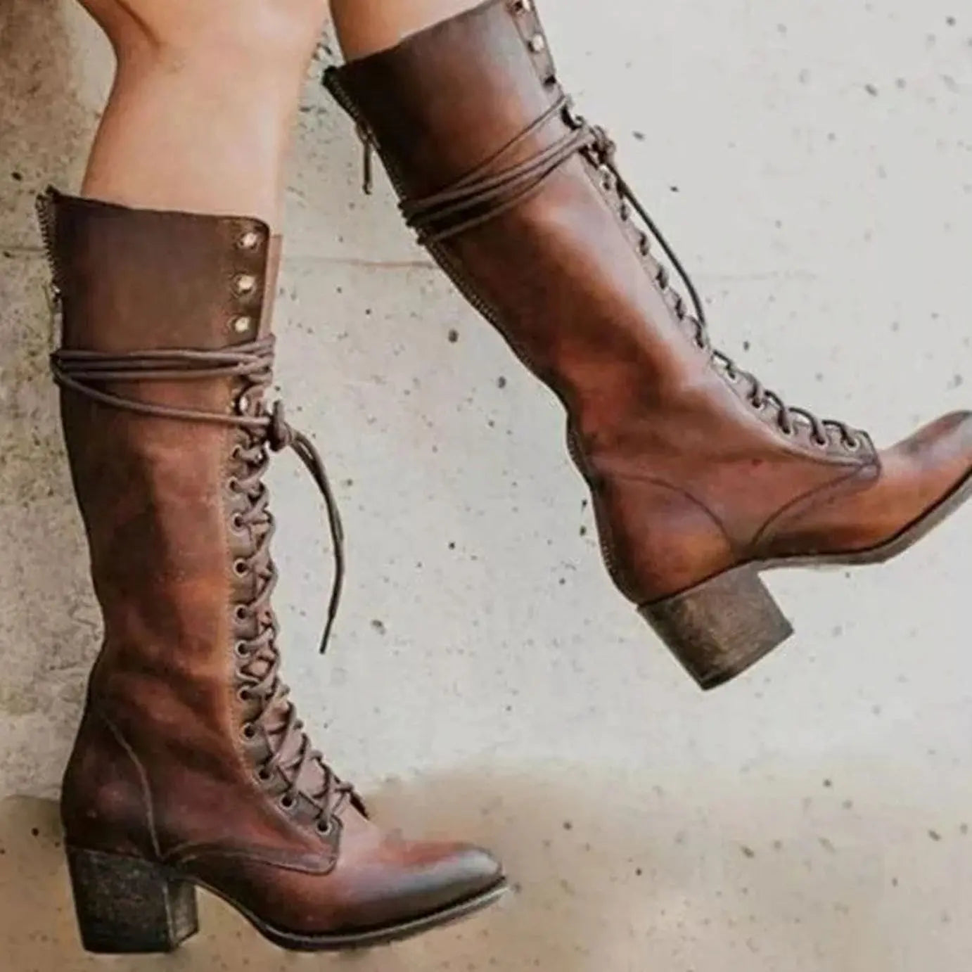Women's Lace-Up Block Heel Knee-High Boots - Brown