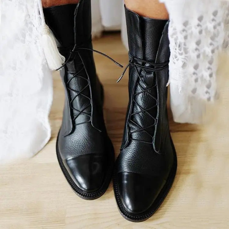 Women's Lace-Up Leather Ankle Boots - Black