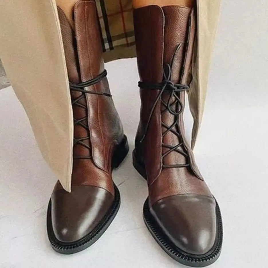 Women's Lace-Up Leather Ankle Boots Cap Toe Flat - Brown