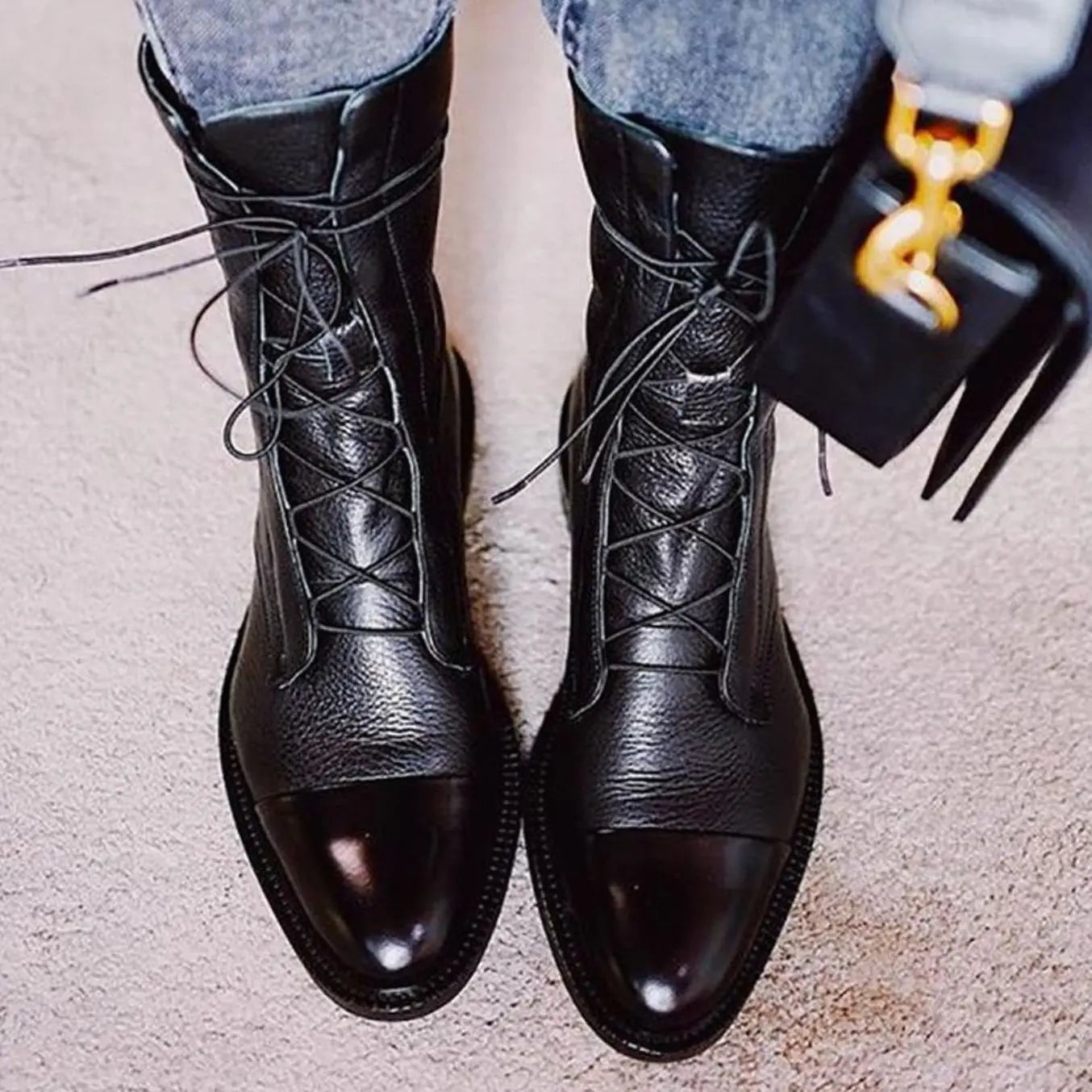 Women's Lace-Up Leather Ankle Boots Cap Toe Flat