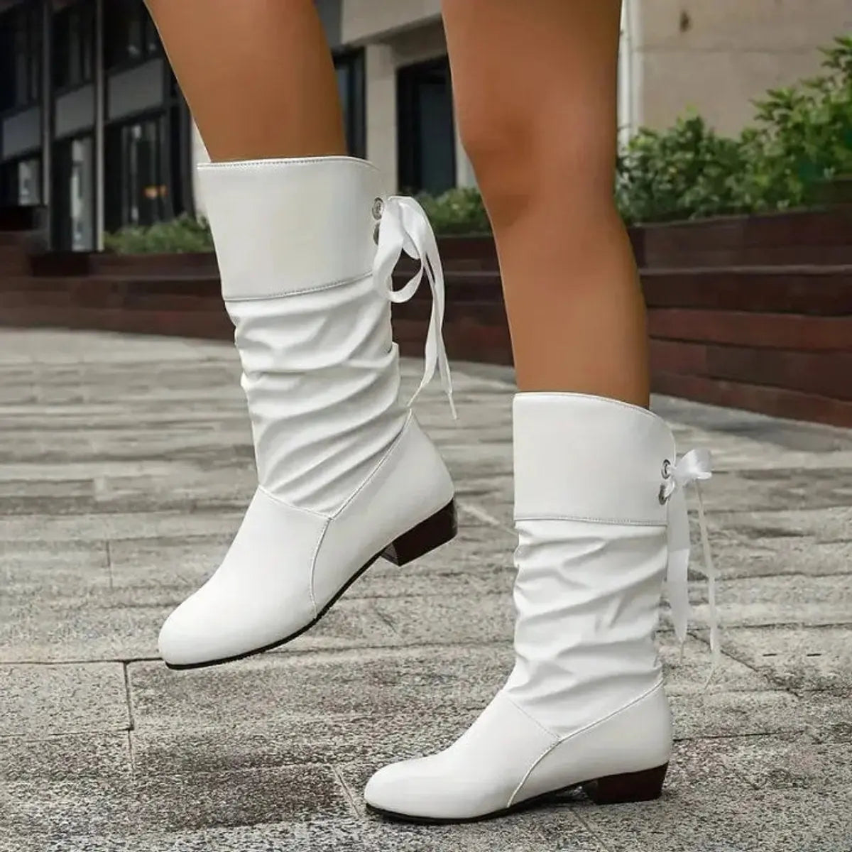 Women's Lace-Up Ruched Faux Leather Mid-Calf Ankle Boots
