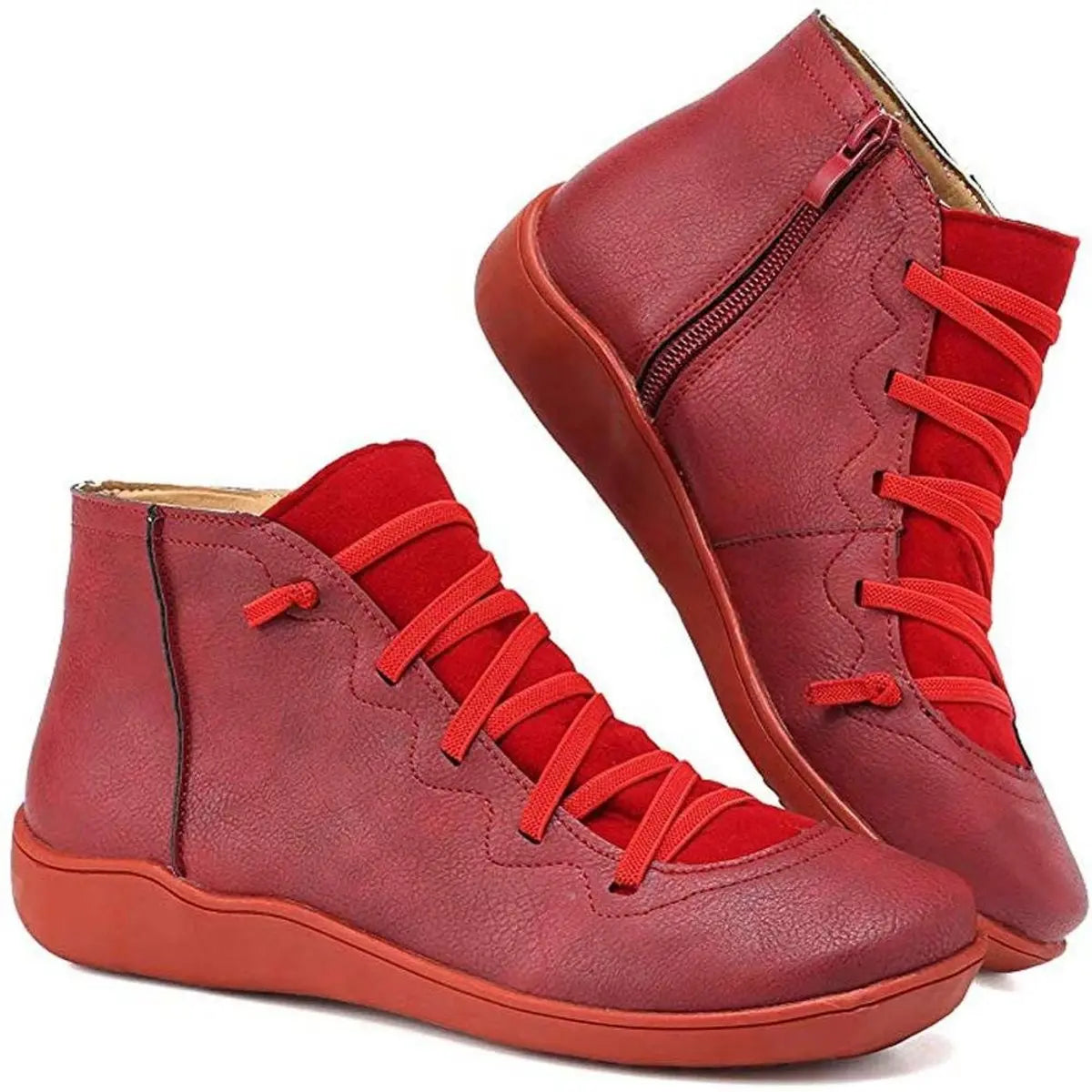 Women's Lace-Up Side-Zip Flat Leather Ankle Boots - Red