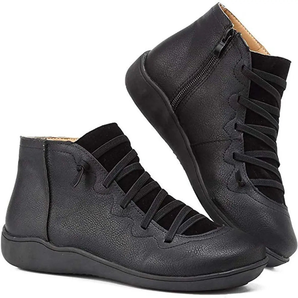 Women's Lace-Up Side-Zip Flat Leather Ankle Boots - Black
