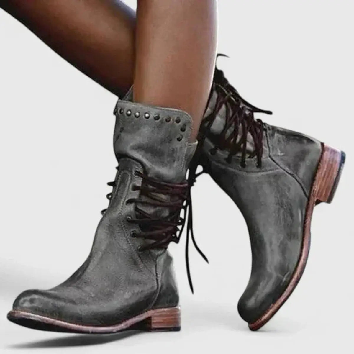 Women's Lace-Up Studded Ankle Knee High Boots Block Heel - Grey