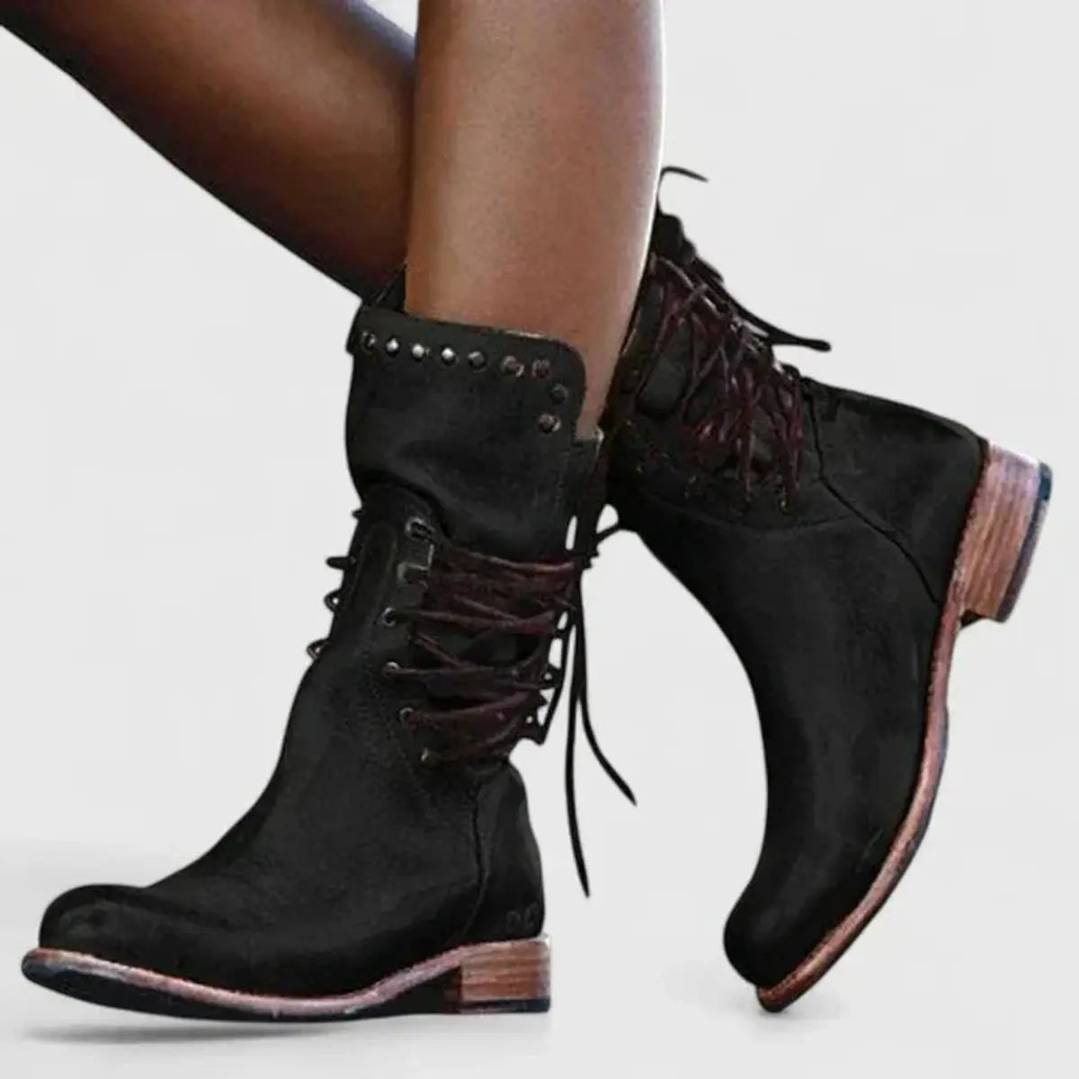 Women's Lace-Up Studded Ankle Knee High Boots Block Heel - Black
