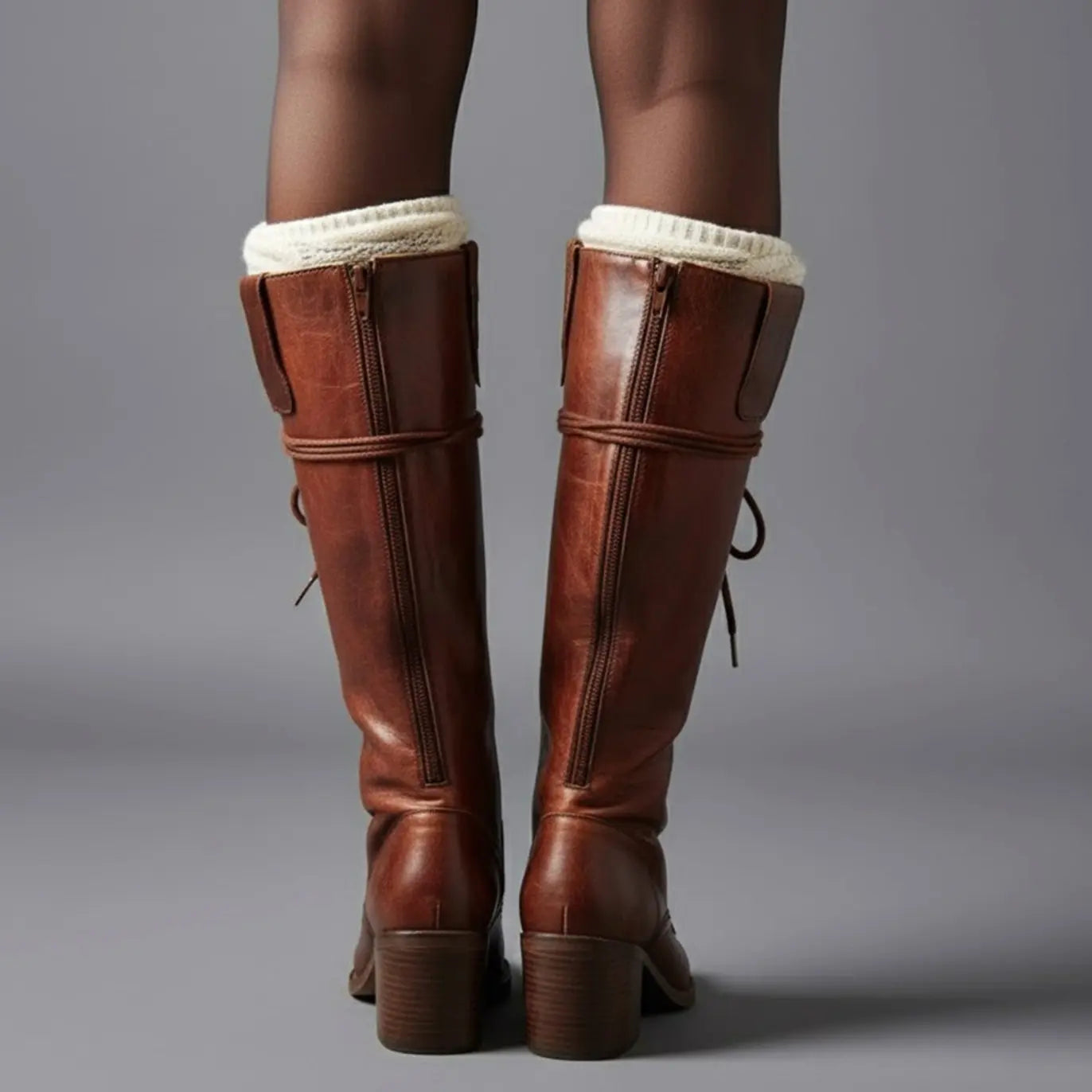 Women's Lace-Up Studded Knee-High Boots Block Heel