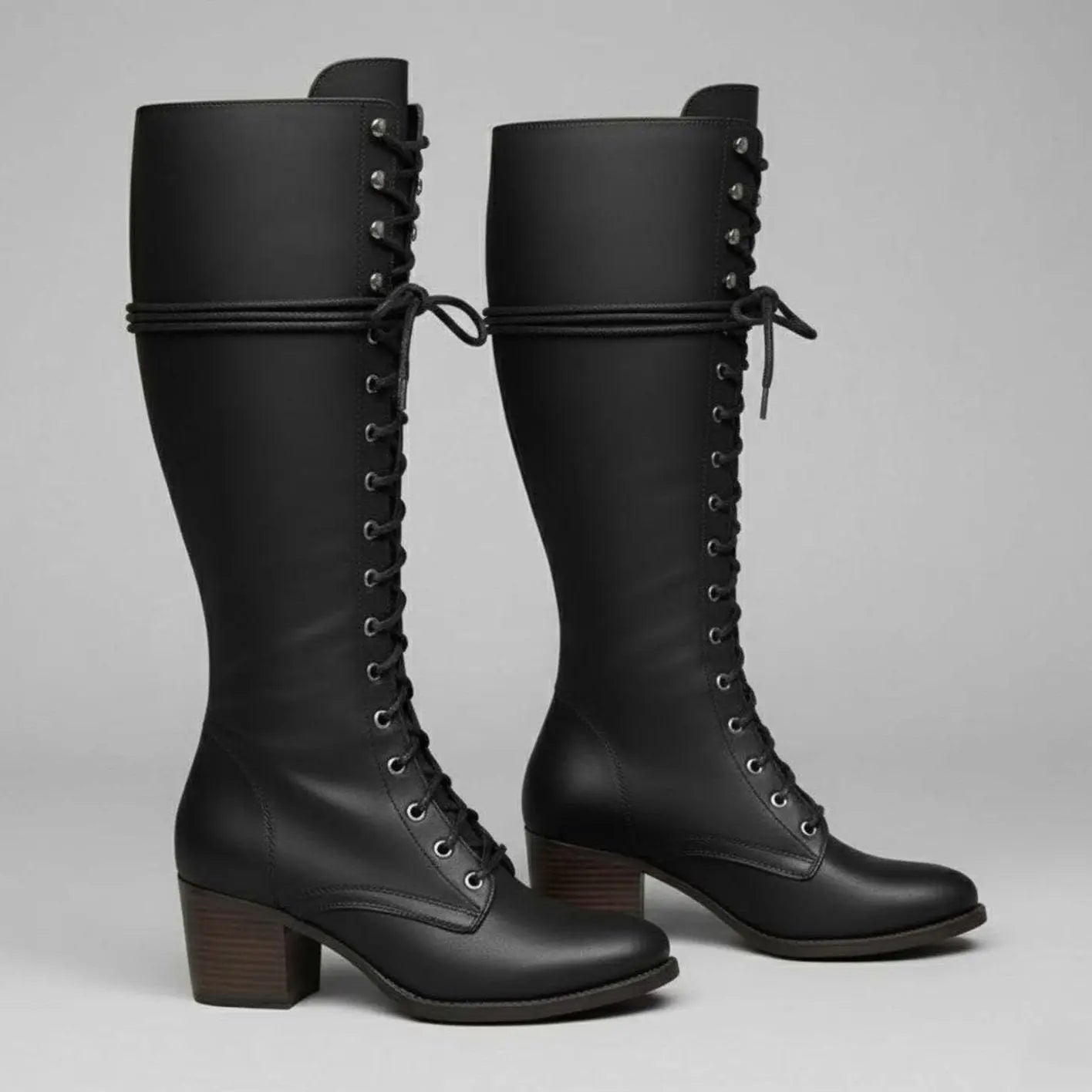 Women's Lace-Up Studded Knee-High Boots Block Heel