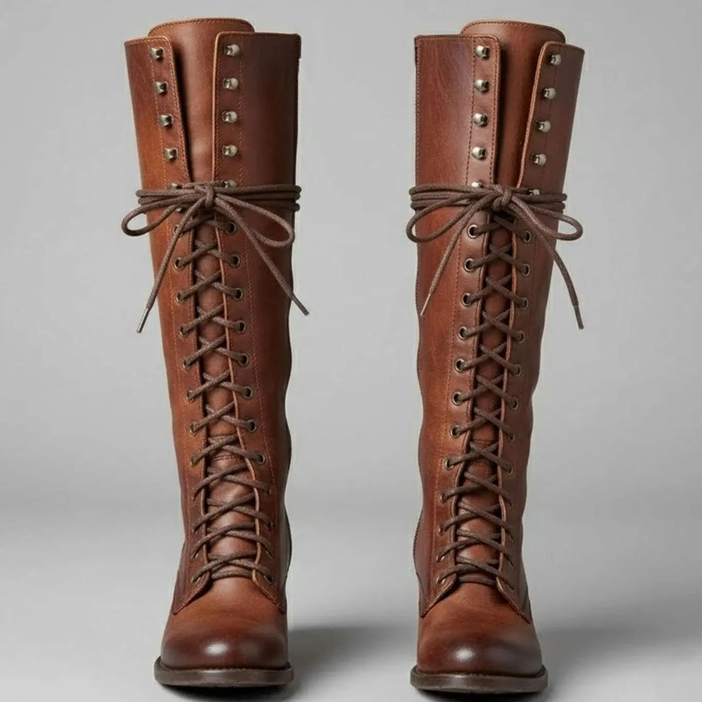 Women's Lace-Up Studded Knee-High Boots Block Heel - Brown