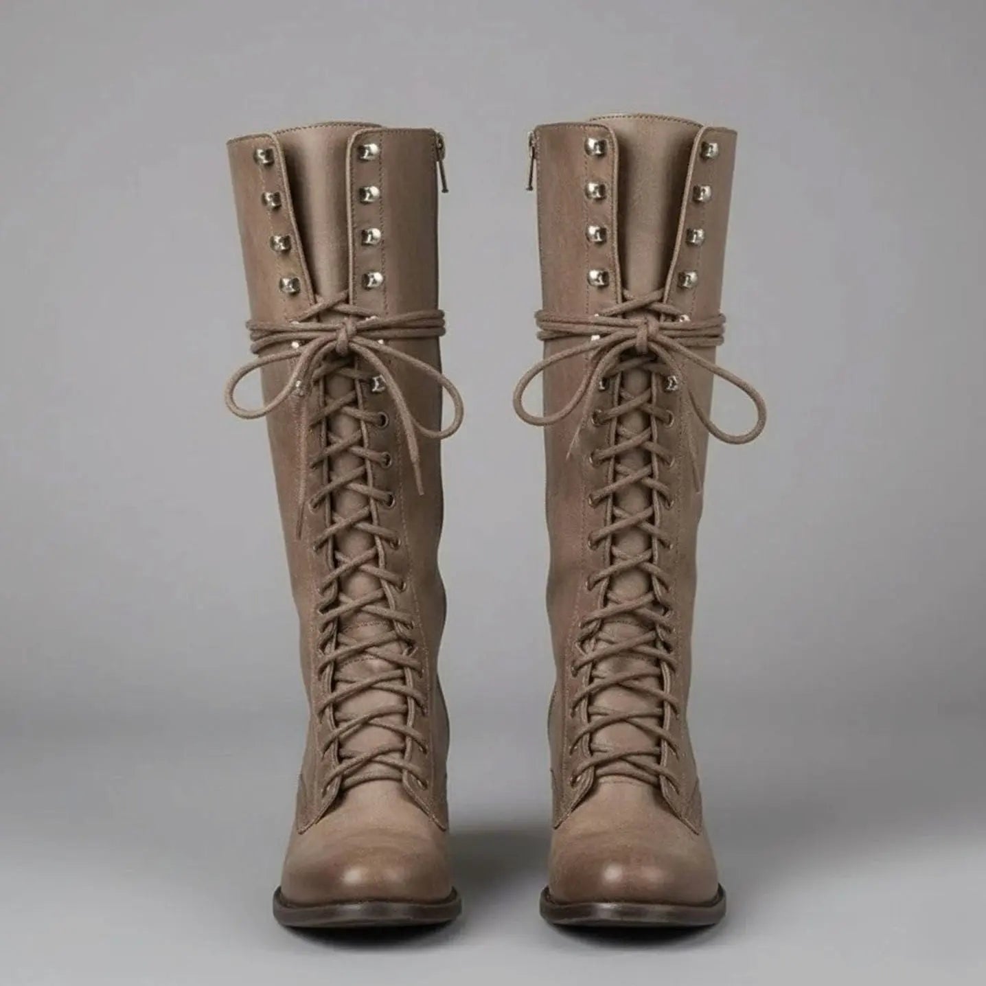 Women's Lace-Up Studded Knee-High Boots Block Heel - Khaki