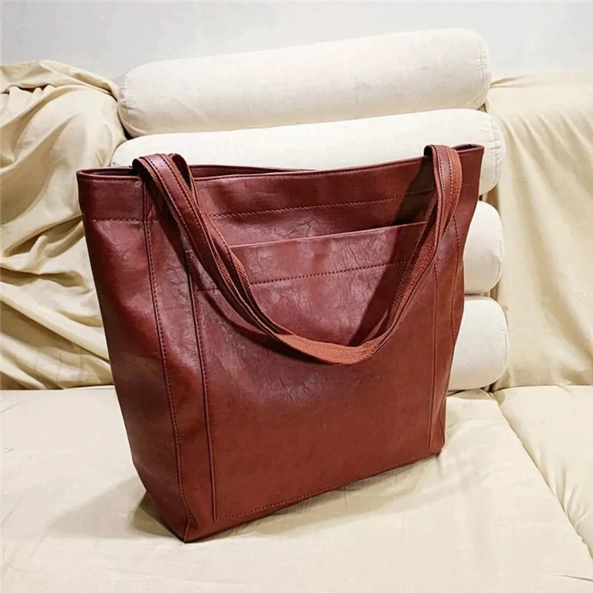 Women's Large Leather Shoulder Tote Bag Tan Classic Everyday - Red