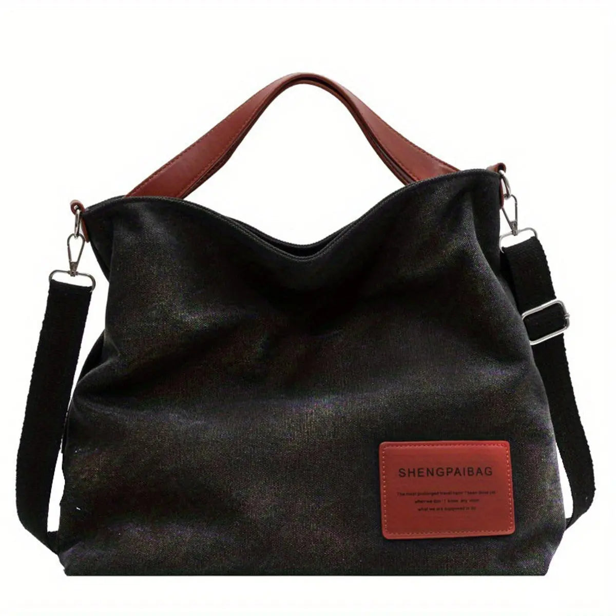 Women's Large Slouchy Canvas Tote Bag Adjustable Shoulder Strap - Black