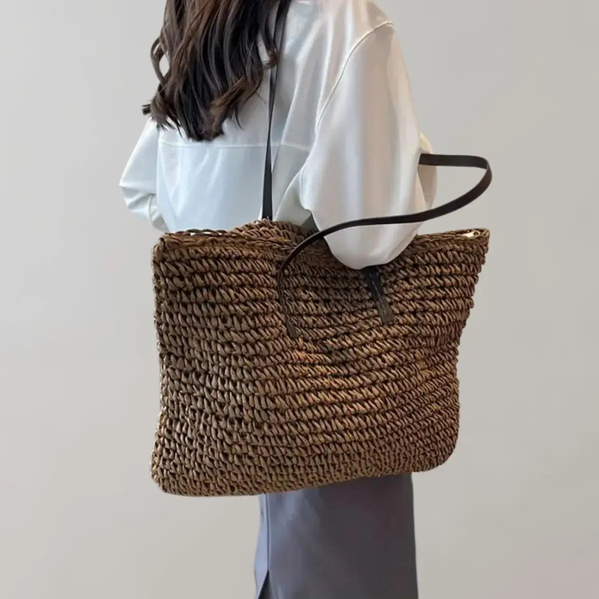 Women's Large Woven Raffia Bohemian Tote Bag - Coffee