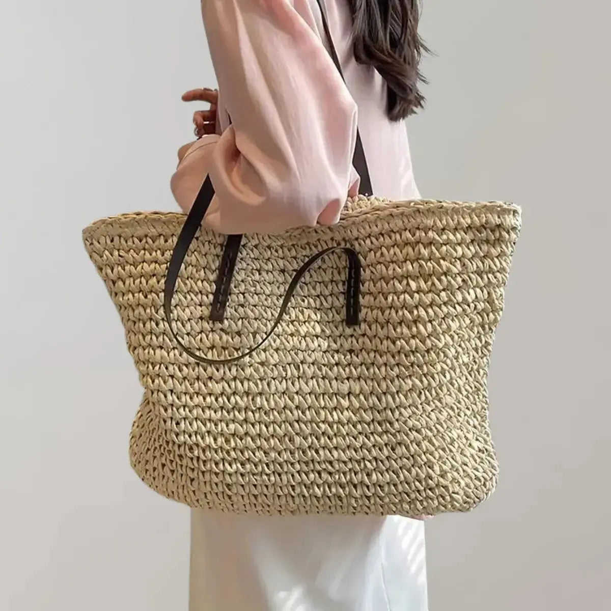 Women's Large Woven Raffia Bohemian Tote Bag - Beige