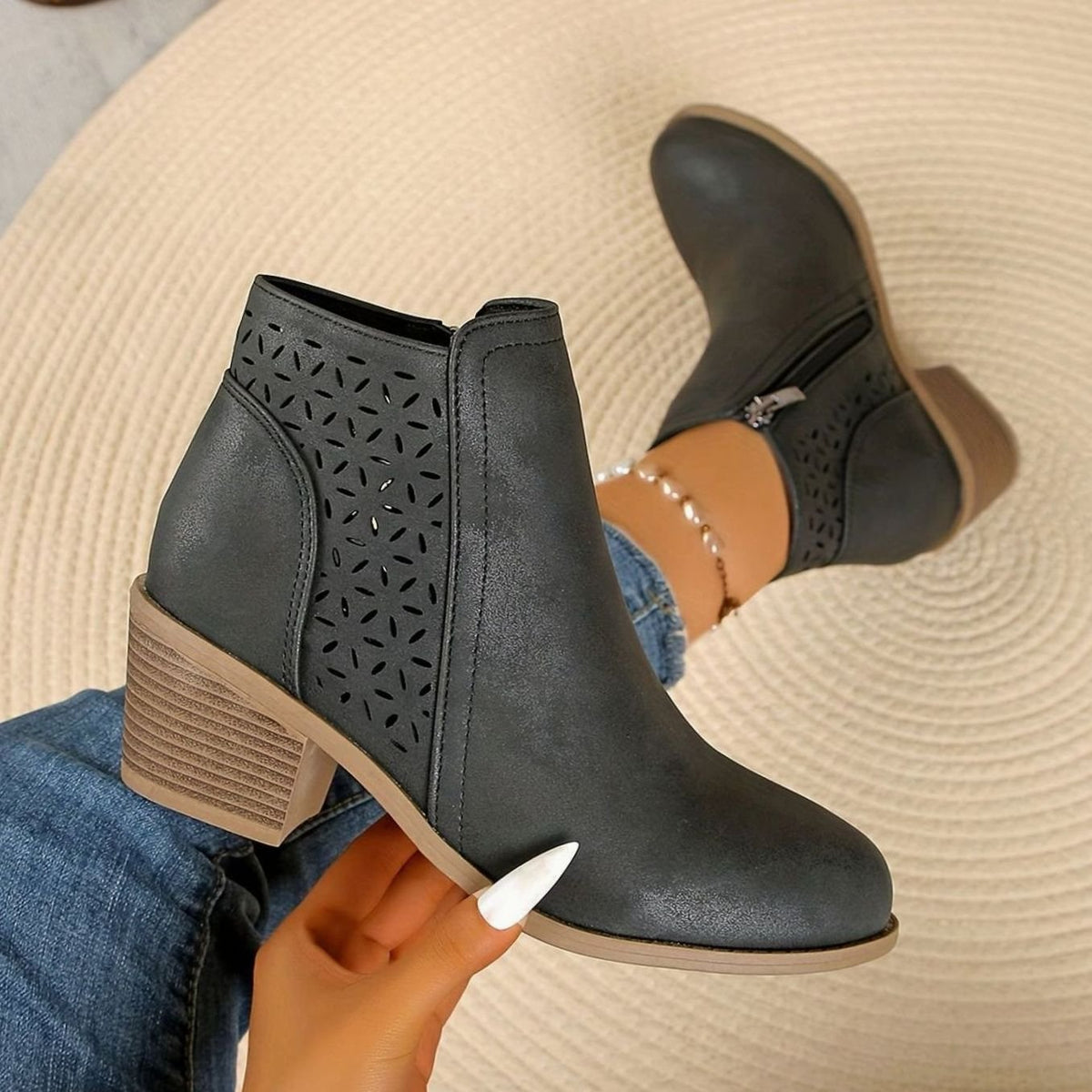 Women's Laser-Cut Block-Heel Zip-Up Ankle Boots