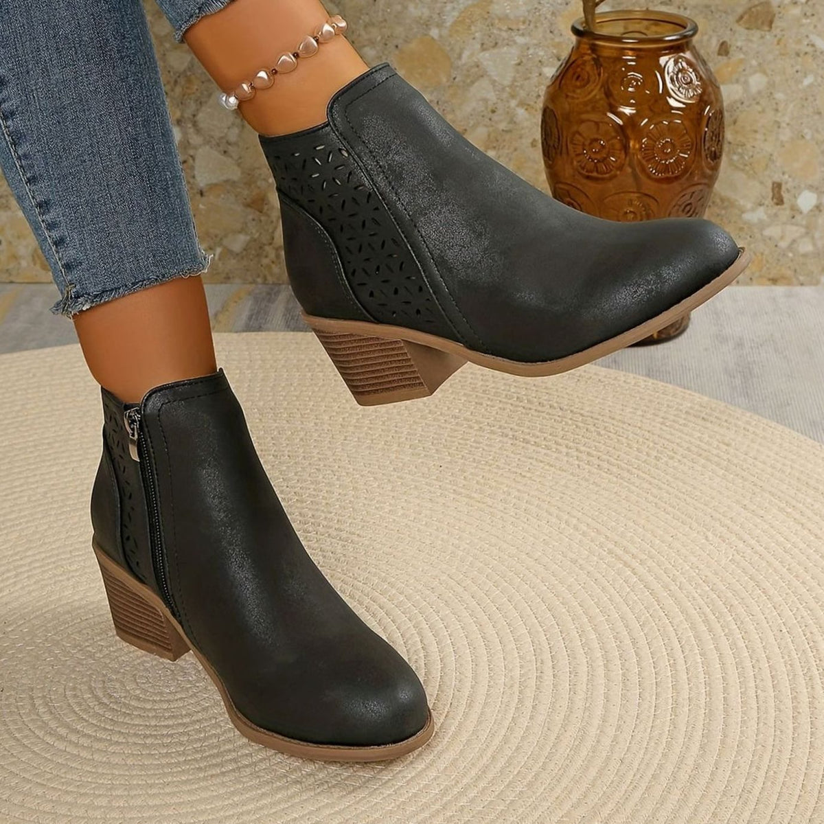 Women's Laser-Cut Block-Heel Zip-Up Ankle Boots