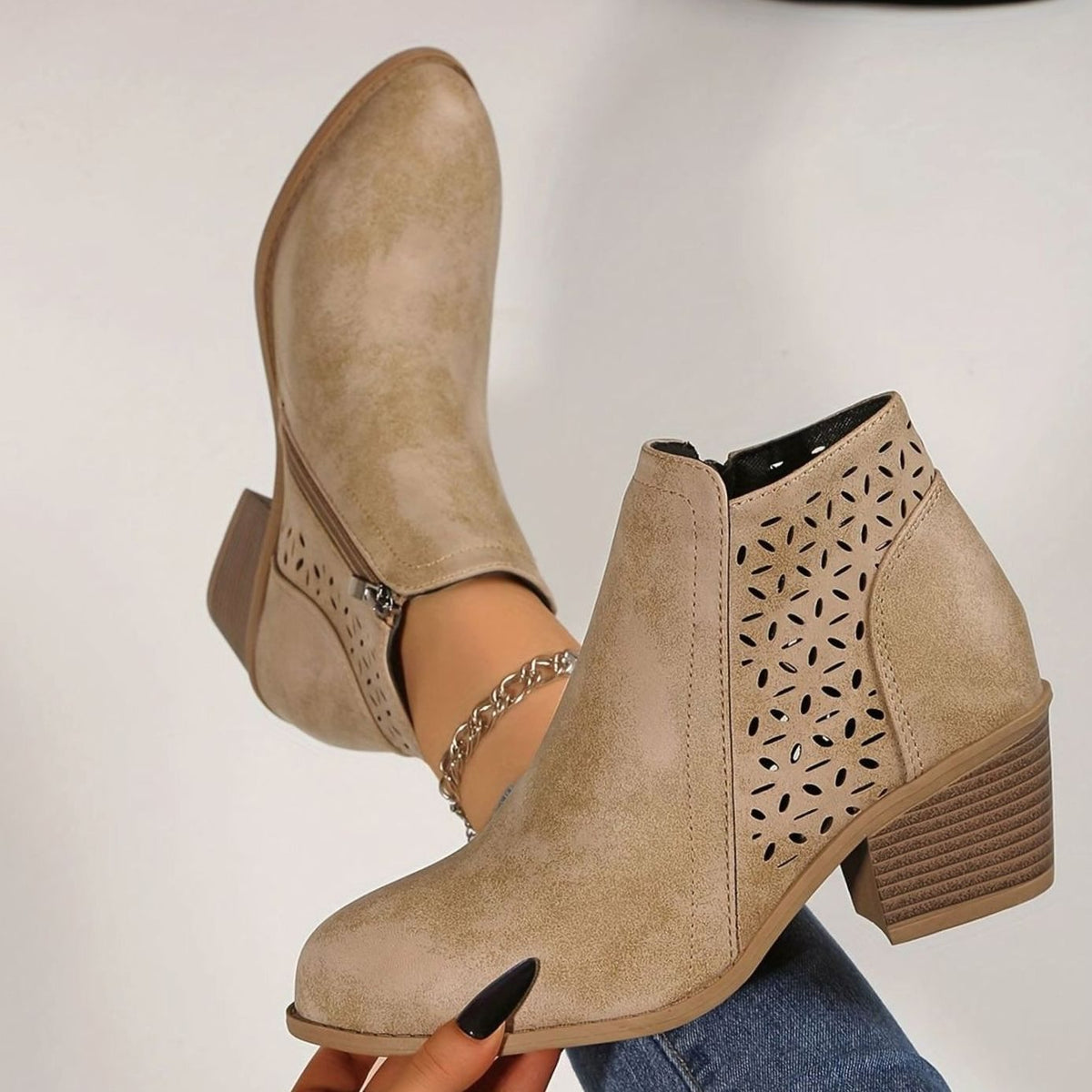 Women's Laser-Cut Block-Heel Zip-Up Ankle Boots - Beige